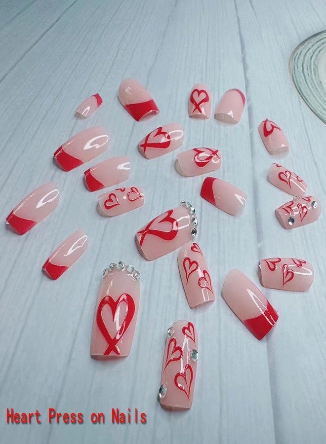 BSBTBZ Square Press on Nails Medium -French Tip Press on Nails Red Heart Deign,Glossy Pink Fake Nails with Rhinestone Design,Reusable Artificial False Nails with Glue on Nails Valentine's Day for Women 24PCS - Image 2